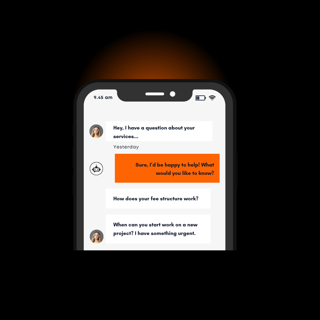 Mobile chatbot interface showing AI-powered customer service conversation with questions about services and fee structure, demonstrating 24/7 automated support